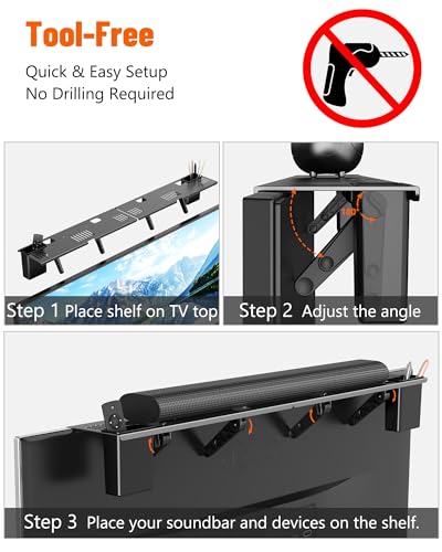Soundbar Mount, No Drilling Steel TV Top Shelf with Storage Boxes, Sound bar Mount up to 15 lbs, Universal Sound Bar TV Mount Bracket, Soundbar Mount Above TVs Compatible with Samsung, Sony (33.8") - size: 33.8" with Storage Boxes