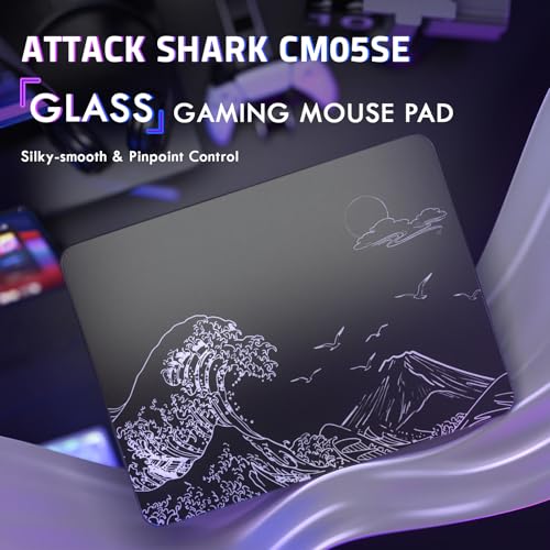 ATTACK SHARK CM05SE Glass Gaming Mouse Pad for FPS & Esports, Nano-Etched Tempered Glass Surface,Ultra-Smooth Low Friction Hard Mousepad,Waterproof Large Desk Mouse Mat for PC Setup,Black Wave - color: Black Wave