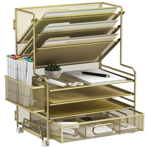 MINDEPOT 4-Tier Paper Organizer + 3-Pocket File Holder + Drawer + Pen Holders, Desktop File Organizers Paper Tray for Office Supplies School Classroom Organization (Gold, with Drawer & Pen Holder) - color: Gold, with Drawer & Pen Holder