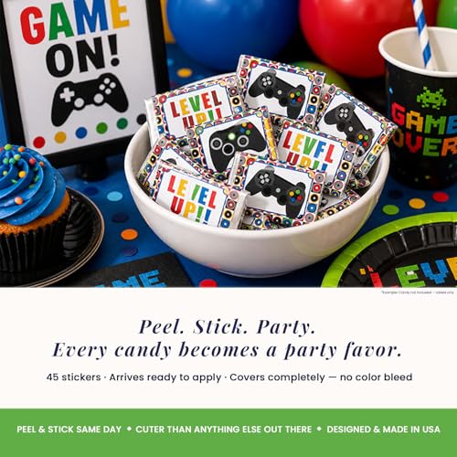 Game On! Video Gamer Birthday Party Mini Chocolate Candy Bar Sticker Wrappers for Kids, 45 1.4" x 2.6" Wrap Around Labels by AmandaCreation, Great for Party Favors