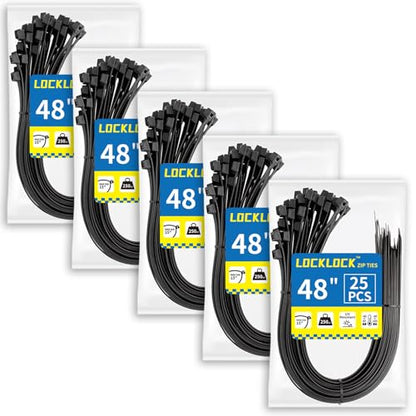 Large Zip Ties Heavy Duty Outdoor 48 inch (125 Pack), Heavy Duty Zip Ties 250 lbs, Black, LOCKLOCK - size: 48" (125 Pack)