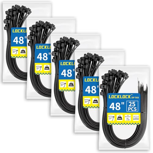 Large Zip Ties Heavy Duty Outdoor 48 inch (125 Pack), Heavy Duty Zip Ties 250 lbs, Black, LOCKLOCK - size: 48" (125 Pack)