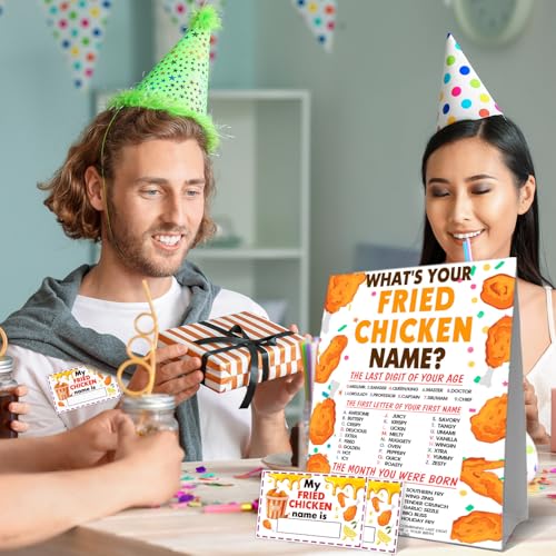 Funny Fried Chicken Game Cards Set, What's Your Fried Chicken Name Game Card, Chickens Party Games Cards, 1 Chicken's Name Sign, 30 Chickens Name Sticker Card, Birthday Games Decor for Boys Girls - style: Casual