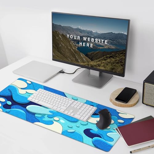 Extended Gaming Mouse Pad, Blue Wave Pattern Design, 35.4 x 15.7 Inches, Anti-Slip Rubber Base, Stitched Edges, Rectangular Desk Mat for Gaming and Office - color: Blue Waves