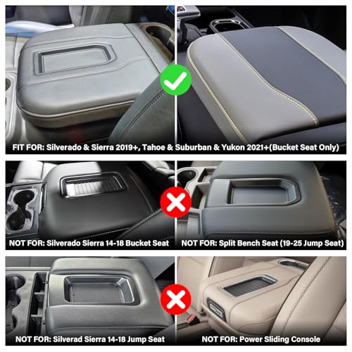 Center Console Armrest Cover for 2019-2025 2026 Chevy Silverado/GMC Sierra | 1500/2500HD/3500HD, 2021-2026 Yukon/Suburban/Tahoe, Bucket Seat, Soft Leather Arm Rest Cushion Pad & 2 Pockets + 1 Brush - color: For 2019+ Silverado/Sierra-Bucket Seat