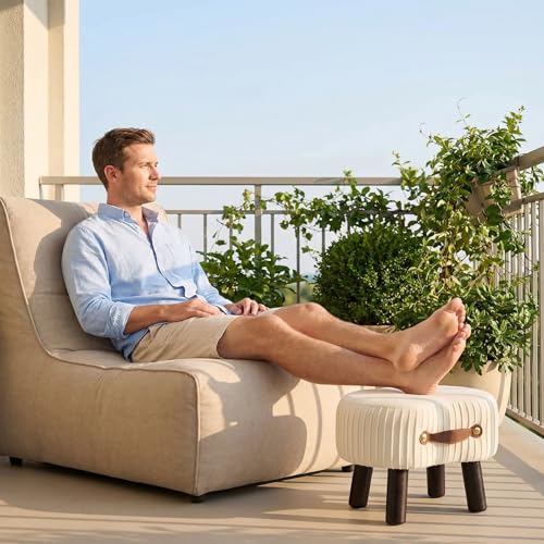 Foot Stools Small, White Ottomon with Handle, Velvet Footrest | Curved Foot Stool with Padded Seat Wooden Legs, Portable Foot Rest for Living Room, Bedroom, Entryway (White) - color: Bright White