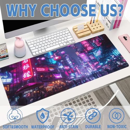 Desk Mat,Cyberpunk Neon City Large Gaming Mouse Pad for Desk XL,Futuristic Night Street Desk Pad,Extended Big Computer Keyboard Mouse Pad with Non-Slip Base and Stitched Edge 31.5"x11.8" - color: Cyberpunk Neon City, size: XL-31.5"x11.8"