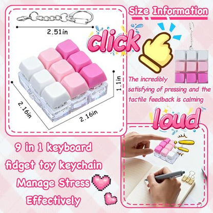 Keyboard Fidget Toy, Keyboard Keychain Fidget Toys, 9-in-1 Clicker Fidget Toy, Stress Relief Desk Decompression Button, Anxiety Relief Valentine's Day Gifts (3 Color-Rose Pink White) - color: 3 Color-rose Pink White