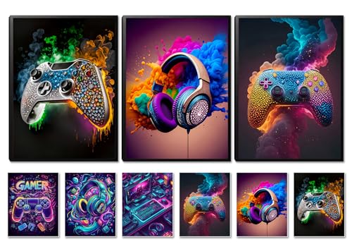 SEHSUVC Game Room Canvas Wall Art, 24x16inch 3-Piece set Wood Framed + 6 Pcs 8×10 Posters Prints, Neon Gaming Accessories Theme Gamer Wall Decor Gifts for Boys Youth Children Bedroom Home Decor - color: Colorful Framed game, size: 24L" x 16W"
