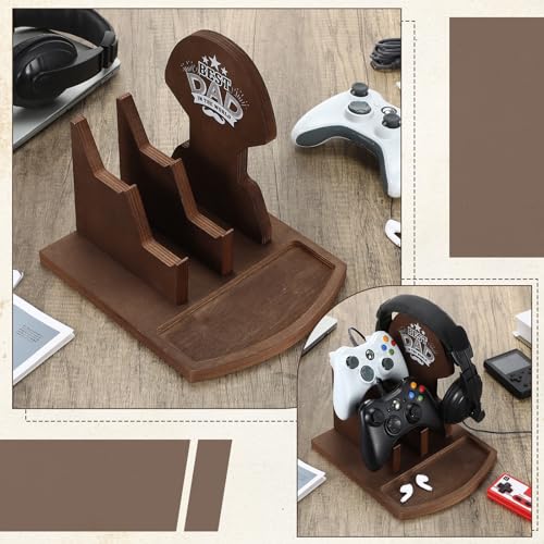 Blosssound Gamer Gifts for New Dad Wood Headphone Stand Wooden Controller and Headset Stand Gifts for Gamer Dad Father Birthday Gift Gaming Desk Accessories for Fathers Day Birthday Anniversary