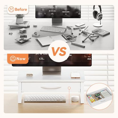 Desk Organizers and Accessories, Computer Monitor Stand Riser with Drawer, White Laptop Stand for Desk with Storage, Office Organization, Wood