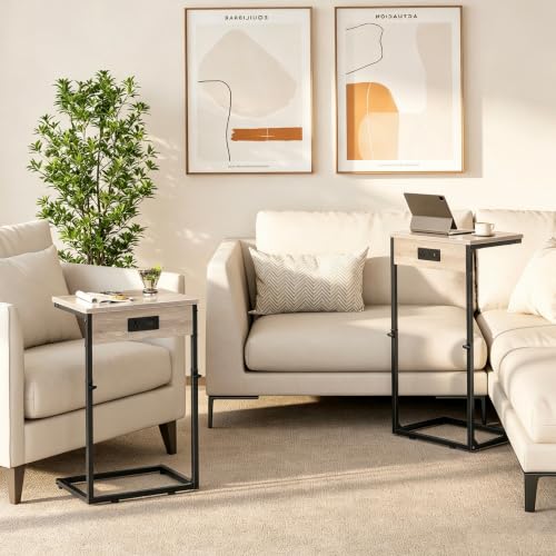 Vagusicc C Shaped End Tables Set of 2 with Charging Station, 33.2'' Tall C Table Adjustable Height Side Table, Small Side Table for Small Spaces, Couch Sofa Table TV Tray for Living Room, Greige - color: Greige (2 Pack), style: With Plug