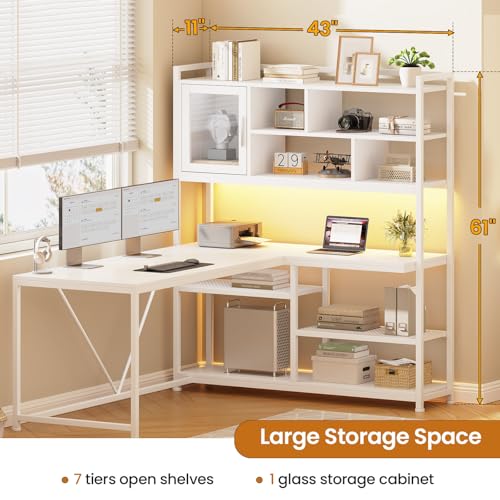 SEDETA L Shaped Computer Desk, 58'' Office Desk with LED Light and Bookshelf, L Shaped Corner Desk with Storage Shelves for Home Office, Gaming Desk, L Desk, White - color: White