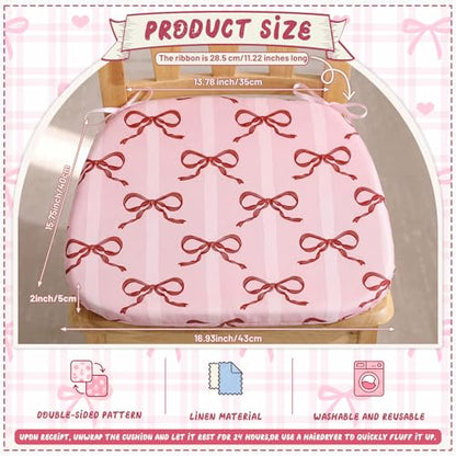 6 Pack Pink Bow Chair Cushions for Dining Chairs 17" x 16" x 2" D-Shaped Breathable Linen Kitchen Chair Pads with Ties Washable Non Slip Seat Cushion for Dining Kitchen Office Indoor - style: Bow