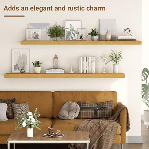 48 Inch Floating Shelves, 12 Inch Deep Floating Shelves for Wall, Extra Deeper & Thicker Wooden Wall Shelf with Invisible Brackets, Shelf for Bedroom Living Room Home Decor（Oak, Set of 2） - color: Oak, size: 48"W x 12"D x 2"H, Set of 2