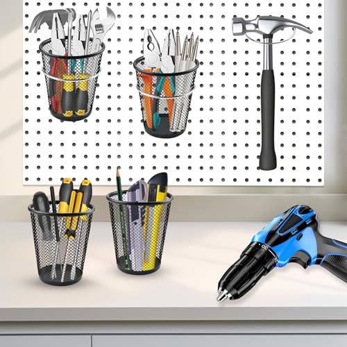 6 Sets Pegboard Cups with Ring, Metal Pegboard Bin with Hooks, Black Multipurpose Pegboard Organizer Accessories Pencil Holder Peg Boards for Desk Classroom Office Garage Workshop