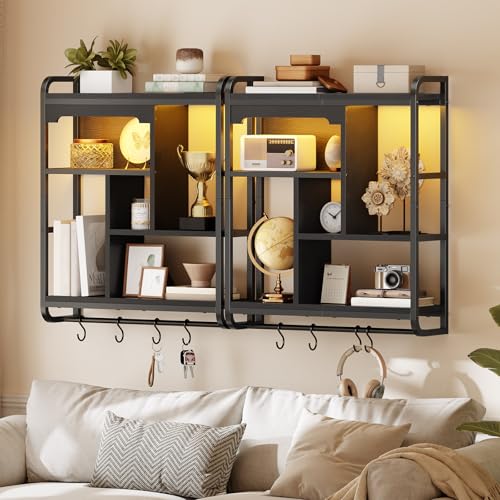 HOOBRO Gaming Floating Shelves with LED Lights, 26.4" LED Wall Mounted Shelf, Modern Corner Shelf 3-Tier Display Rack for Wall Storage, Arched Design, for Kitchen, Living Room, Study, Black BB44DBJ01 - color: Black