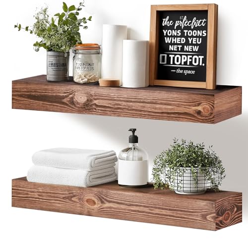 24x3x7 inch Floating Shelves Wall Mounted - Set of 2 Brown Rustic Solid Wood Wall Shelf - Heavy Duty Decorative Fireplace Mantel for Living Room, Bedroom, Bathroom, Kitchen - color: Brown, size: 24x3x7-hollow-2pack