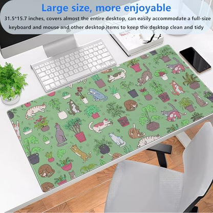 Extended Gaming Mouse Pad XL, Cute Cat Sage Green Desk Mat 31.5x15.7 | Charming large desk pad with a playful cats and potted plants print. Perfect for cozy, kawaii workspace setups. - color: Green Plants and Cats