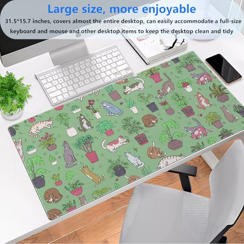 Extended Gaming Mouse Pad XL, Cute Cat Sage Green Desk Mat 31.5x15.7 | Charming large desk pad with a playful cats and potted plants print. Perfect for cozy, kawaii workspace setups. - color: Green Plants and Cats