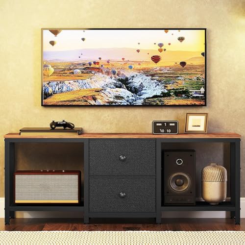 YATINEY TV Stand for TVs up to 55", Entertainment Center with 2 Fabric Drawer, Media Console with Shelves, Television Stands for Living Room, Bedroom, Rustic Brown and Black DS02BR - color: Rustic Brown + Black