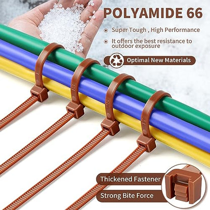 200pcs Brown Zip Ties, 12+10+8+4 Inch Heavy Duty Cable Ties with 55-22lb Strength, PA66 Self-Locking Nylon Wire Ties for Christmas Farming Fence Garden Trellis, UV Resistant - color: Dark Brown, size: 4+8+10+12 inch (200 pcs)