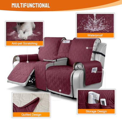 VANSOFY Loveseat Recliner Cover with Console 100% Waterproof Sofa Slipcovers Non-Slip Reclining Couch Cover Split Sofa Covers Furniture Protector for Pets, Dogs(Burgundy) - color: Burgundy