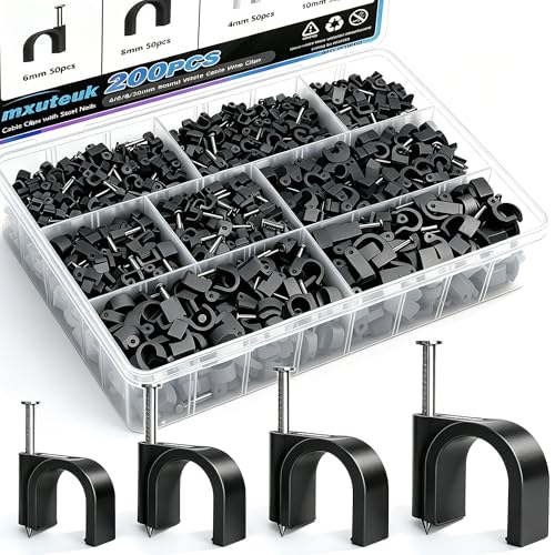 mxuteuk 200PCS Cable Clips with Steel Nails,4/6/8/10mm Round Black Cable Wire Clips,Wall Clips for Cords,Cable Cord Clips for RG6 RG59 CAT6 RJ45 - color: Black-200PCS 4/6/8/10mm