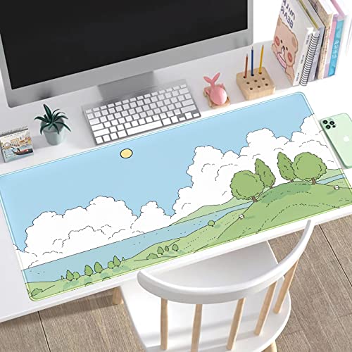 Cute Anime Desk Mat Kawaii Mousepad, Anime Street Aesthetics Desk Pad XXL, Japanese/Korean Lo-fi Drawing, Cute Green Blue Nature Mouse Pad Computer Keyboard Mat, Office Desk Pad Protector - color: A-cyan Cute Anime