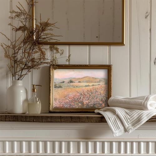 uniro Vintage Wall Art Prints Wildflower Farmhouse Wall Decor, Vintage Landscape Canvas Oil Painting Peach Pink Flowers Mounatin Artwork for Bedroom Nursery Decor (8" x 10"-UNFRAMED) - color: Pastel Widflower