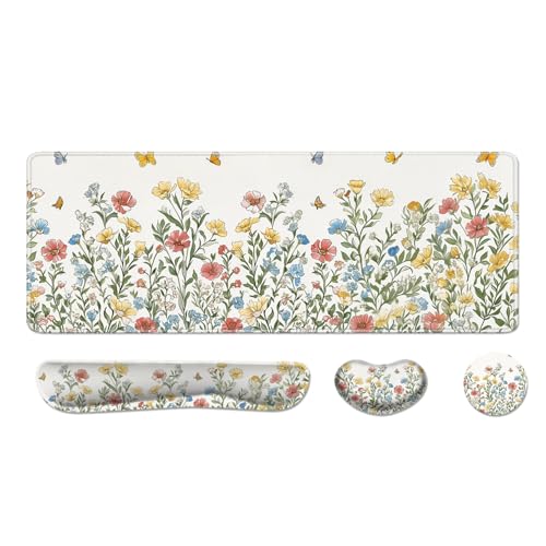 Desk Pad and Keyboard Wrist Rest, Large Mouse Pad + Keyboard Pad+Mouse Wrist Support, Non-Slip Desk Mat Protector for Office, Home 31.5×11.8 Inches Spring Floral - color: Spring Floral