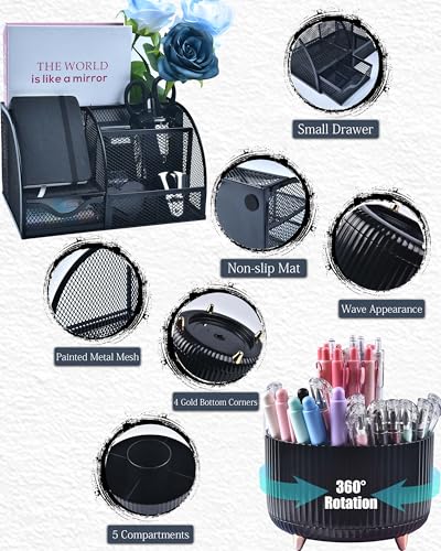 LXEVIHK 20Pcs Black Desk Organizers and Accessories With Mesh Desk Organizer and 360°Rotating Pen Holder and a Lot of Office Black Office Supplies Beautifully Presented in a Gift Box - color: black
