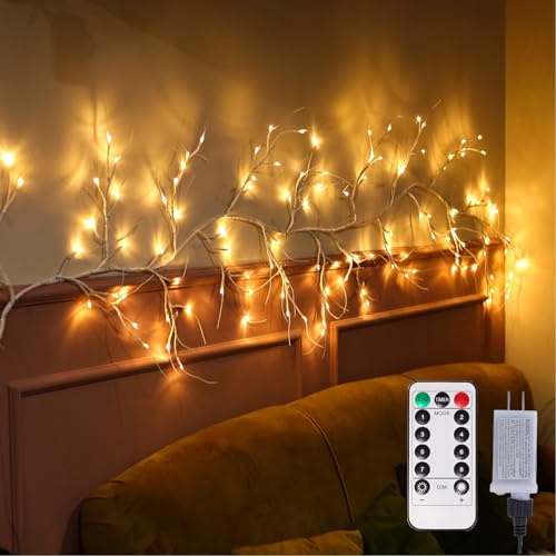 Lighted Birch Garland with Timer 120 LED, 9FT Birch Garland with Lights Remote Control, Pre-lit Twig Vine Lights Plug in for Christmas Fireplace Home Wall Decoration Indoor Outdoor - color: White Birch