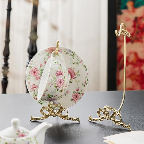 1Pcs Brass Teacup and Saucer Display Stand,Teacup Holder Stand for Display,Antique Coffee Cup Mug Holder for one Cup, Gold. (Small) - size: Small