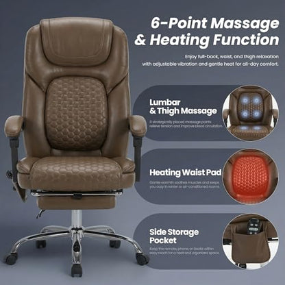MALOL Massage Office Chair with 3-Level Heat and Footrest – 20-Min Easy Assembly, 300 lbs Big and Tall Reclining Desk Chair, PU Leather Ergonomic Executive Computer Chair with Side Pocket, Brown - color: Brown, size: Set of 1, style: Modern