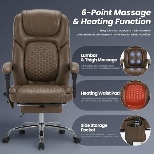 MALOL Massage Office Chair Set of 2 with 3-Level Heat and Footrest – 20-Min Easy Assembly, 300 lbs Big and Tall Desk Chair, PU Leather Ergonomic Executive Computer Chair with Side Pocket, Brown - color: Brown, size: Set of 2, style: Modern