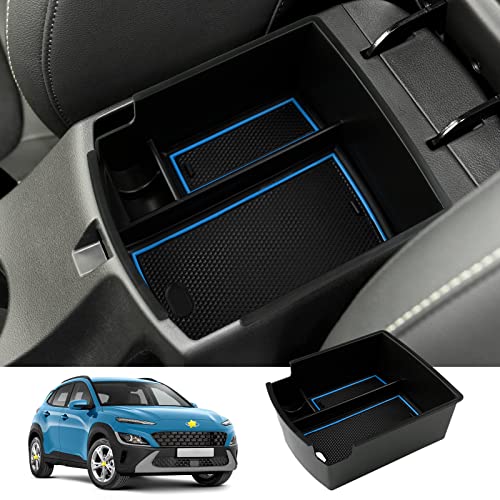 SKTU for 2018 2019 2020 2021 2022 2023 Hyundai Kona Center Console Organizer Insert ABS Black Materials Tray Armrest Box Glove Secondary Storage Box with Coin and Glass Holder (Blue) - color: for 2018-2023 Kona Blue
