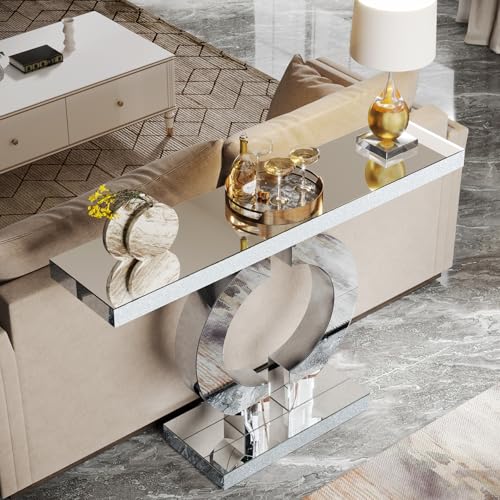 Tribesigns 43" Silver Entryway Table with O-Shaped Base, Modern Rectangle Mirrored Sofa Console Table for Living Room, Hallway, Entrance (Silver) - color: Silver