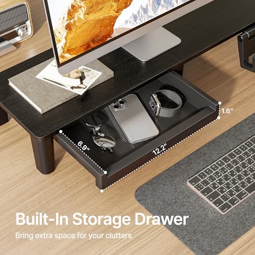PEGZONE Monitor Stand Riser for Desk, Ergonomic Computer Riser with Storage Drawer, Desktop Shelf Organizer for PC, Laptop, for Home Office