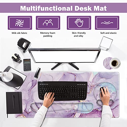 ARTSO Large Mouse Pad Ergonomic Keyboard Wrist Rest Support Set, Memory Foam Gel Wrist Pad, Extended Desk Mat Protector, Non-Slip Desk Blotter, Purple Blue Marble - color: Purple Blue Marble