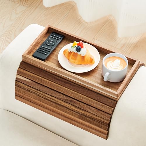 LOVYANXUE Acacia Wood Sofa Arm Tray, Foldable Couch Armrest Table with Anti-Slip Pad, Couch Arm Tray & Cup Holder for Drinks, Coffee, Snacks, Phone, Remote Control - color: Acacia Wood, size: Large (without Phone Holder)