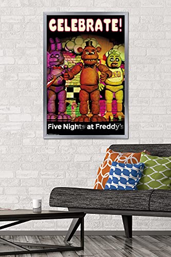 Trends International Five Nights at Freddy's - Celebrate Wall Poster, 22.375" x 34", Silver Framed Version - color: Silver Framed Version, size: 35.8"L x 24.3"W