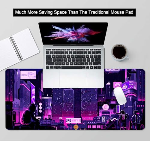 Purple Japanese Anime Large Gaming Mouse Pad for Desk, Retro Vaporwave Mousepad, Tokyo Street Pixel Art Desk Pads, Computer Mouse Pad XL Big, Skyline City Desk Mat, 35.4 x 15.7 in - color: Purple Neon Street