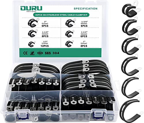 OURU 46PCS Cable Clamps Assortment Kit,Stainless Steel Rubber Coated Cushioned Insulated Cable Clamp,Automotive Wire Clamps,Pipe Clamps,Metal Clamp in 6 Sizes—1/2'' 1'' 1-1/4'' 1-1/2'' 1-3/4'' 2'' - size: 46pcs - 1/2", 1", 1-1/4", 1-1/2", 1-3/4", 2"