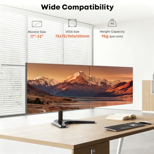 Dual Monitor Stand fits 17 to 32 inch – Free Standing Heavy Duty Monitor Mount with Precise Tilt, Swivel, Rotate and Height Adjust, 19.8 lbs per Arm, VESA 75/100mm - size: Dual Arms