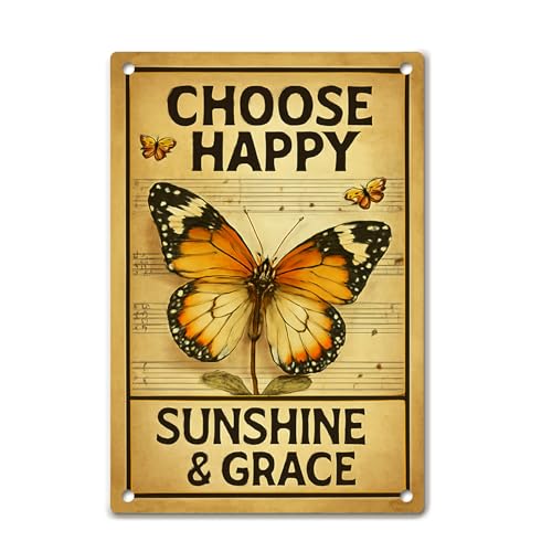 Motivational Wall Decor Metal Sign – Inspirational Butterfly Wall Art, Vintage Tin Sign with “Choose Happy” Quote – Rustic Farmhouse Butterfly Wall Decor for Bedroom, Living Room, or Country Home - color: Butterfly ZM05