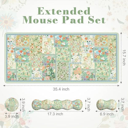 iLeadon Mouse Pad and Keyboard Wrist Rest, Large Computer Desk Mat, Mouse Pad Set with Wrist Pad for Keyboard, Cute Green Desk Pad Mat with Non Slip Base Office Home(Floral) - color: Green