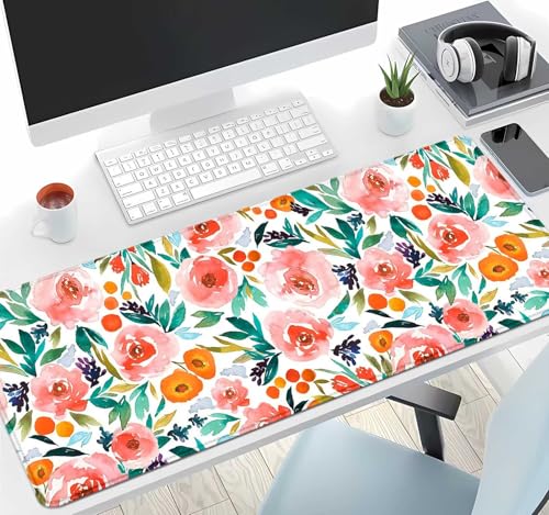 IMAYONDIA Large Floral Gaming Mouse Pad Mat with Stitched Edges, Extended Mousepad, Non-Slip Rubber Base Keyboard Pad, Desk Pad for Gamer, Office, (31.5” x 11.8” x 0.12”) - Watercolor Rose Flowers - color: Pink Rose Flowers