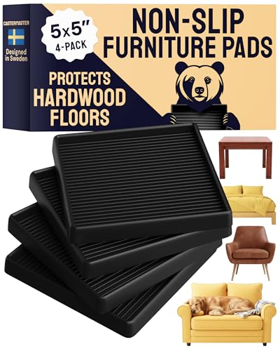 CasterMaster Non-Slip Furniture Pads - 5x5 in Black, 4 Pack | Heavy-duty rubber feet - noise-dampening, anti-skid - Use for furniture on hardwood floors - color: Black, size: 5'' x 5'' (Pack of 4)