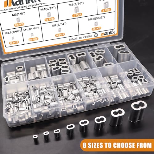 mankk 320 Pcs Aluminum Crimping Loop Sleeve 8 Sizes (3/64'' 1/16'' 5/64'' 3/32'' 1/8'' 5/32'' 3/16'' 1/4'') Wire Rope Sleeves Double Cable Ferrules Kit M-109-320 - size: 320PCS